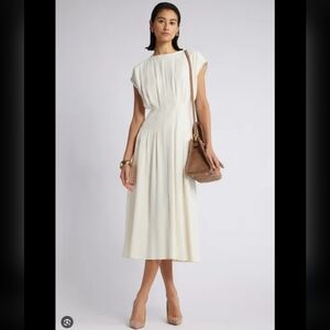 NORDSTROM Women's Size Large Formal Pleated A-Line Midi Dress Ivory Viscose